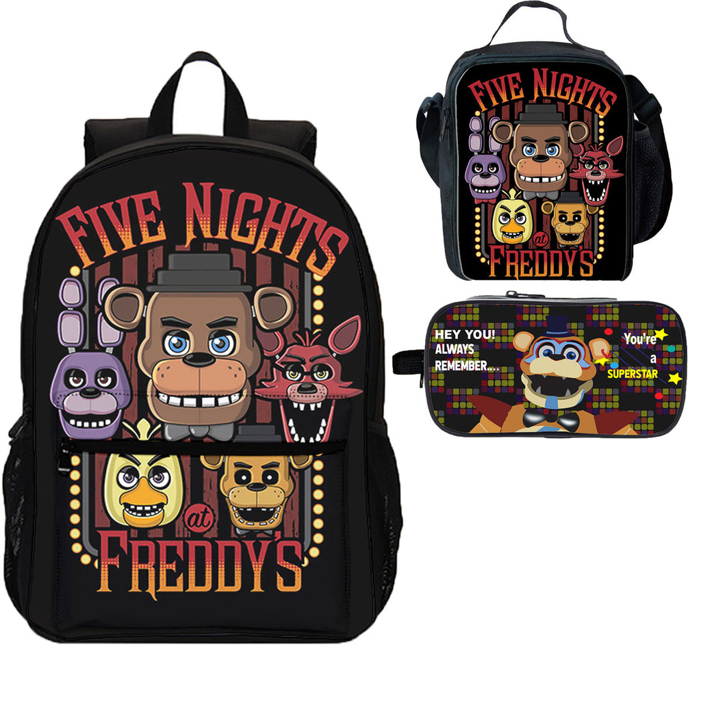 Fnaf 3 Pieces Combo 18 Inches School Backpack Lunch Bag Pencil Case, Black / No.2